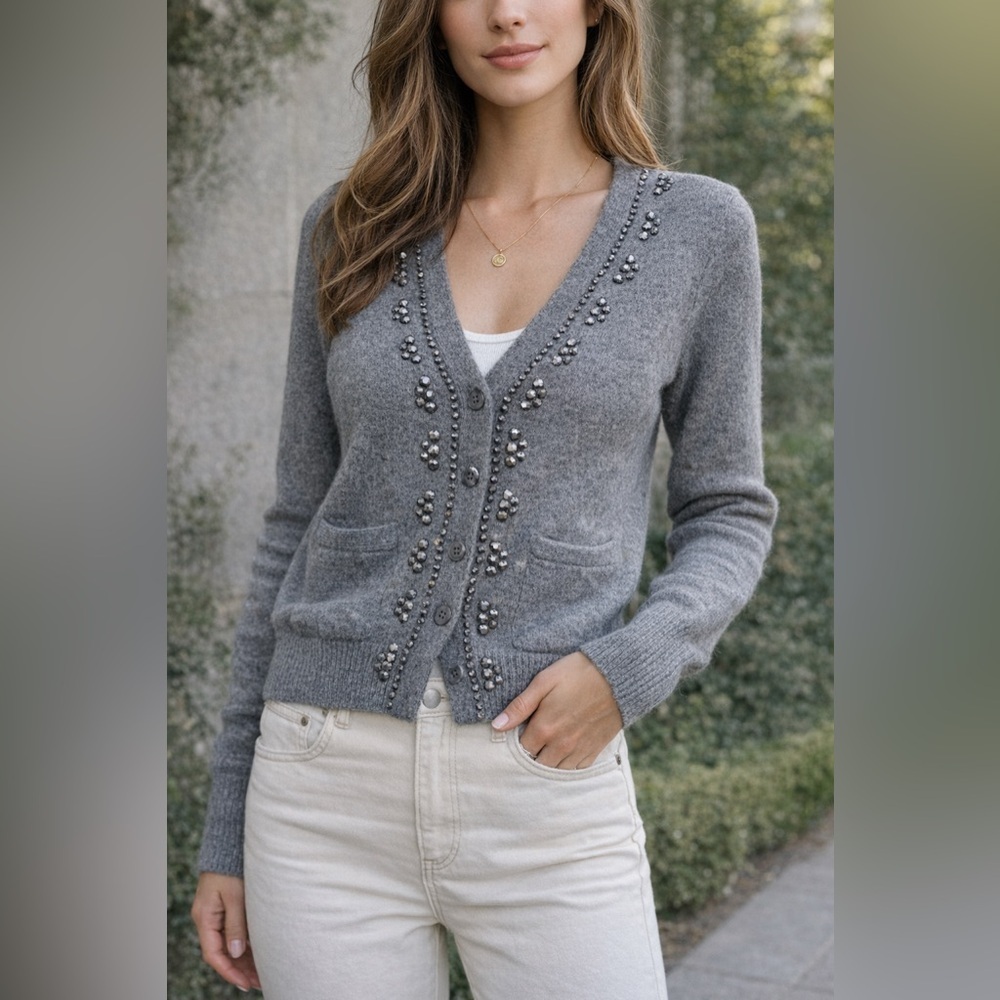 J.Crew Gray Alpaca / Merino Wool Embellished Cardigan Beaded Button Front | Sz M